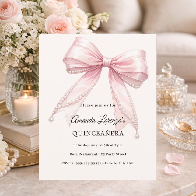 Pink bow ivory pearls Quinceanera invitation (Skapare uppladdad)