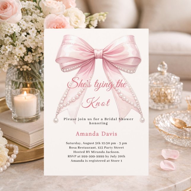 Pink bow ivory pearls tying knot Bridal Shower Inbjudningar (Skapare uppladdad)