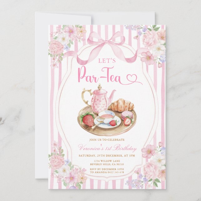 Pink Bow Let’s Par-tea Girl Birthday Stripe Floral Inbjudningar (Framsida)