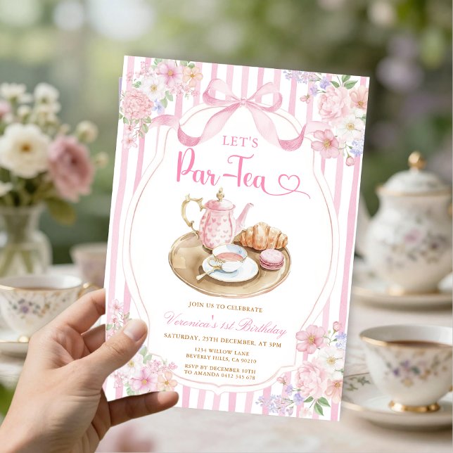 Pink Bow Let’s Par-tea Girl Birthday Stripe Floral Inbjudningar (Skapare uppladdad)