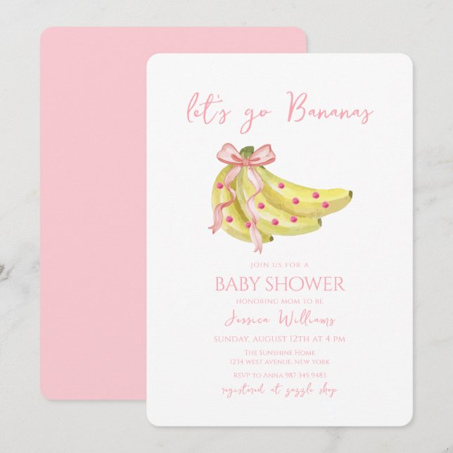 Pink Bow Let's Go Bananas Baby Shower Inbjudningar (Fram/baksida)