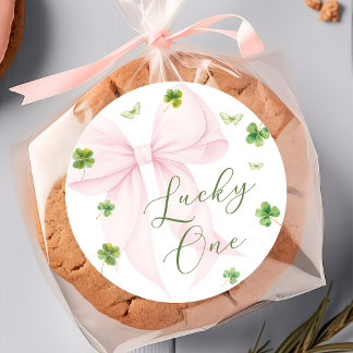 Pink Bow Lucky One 1st Birthday Sticker Runt Klistermärke