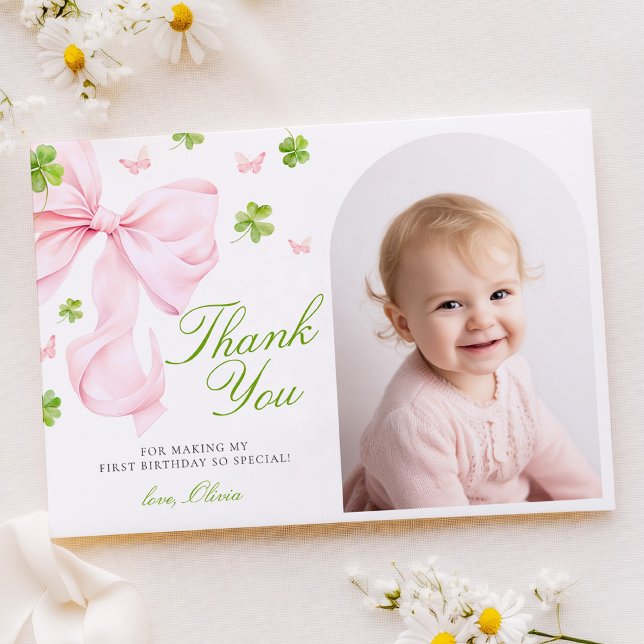 Pink Bow Lucky One Birthday Flat Thank You Card Tack Kort (Skapare uppladdad)