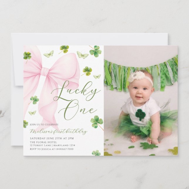 Pink Bow Lucky One Shamrock Clover 1st Birthday    Inbjudningar (Framsida)
