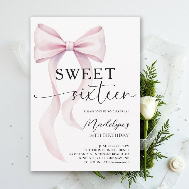 Pink Bow Modern Elegant Simple Classy Sweet 16 Inbjudningar (sweet sixteen birthday party invitation pink bow simple classy script trendy fashion teen)