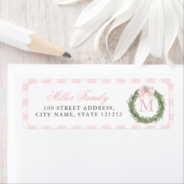 Pink Bow Monogram Wreath Christmas Returadress Etikett