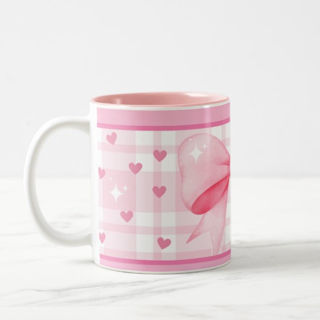 Pink Bow Mug- Cute Aesthetic Coffee Cup Två-Tonad Mugg (Vänster)