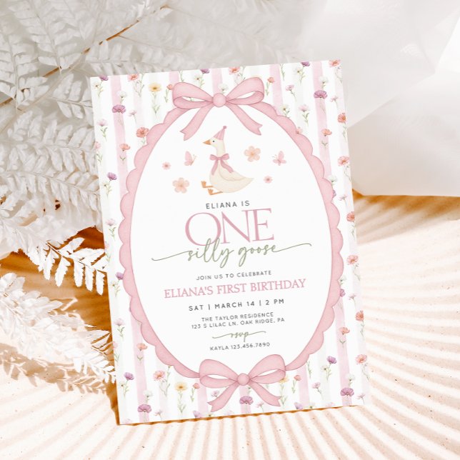 Pink Bow One Silly Goose Floral 1st Birthday Inbjudningar (Skapare uppladdad)