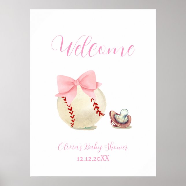 Pink Bow Pacifier Baseball Baby Shower Welcome Poster (Framsidan)