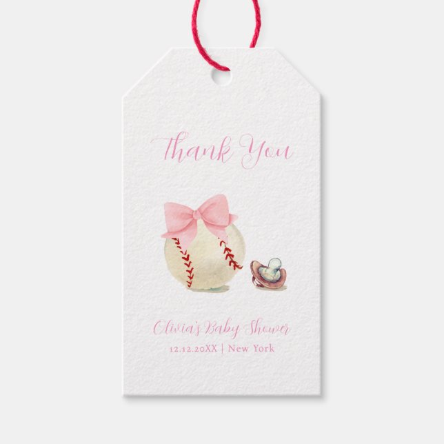 Pink Bow Pacifier Baseball Sport Girl Baby Shower Presentetikett (Framsidan)