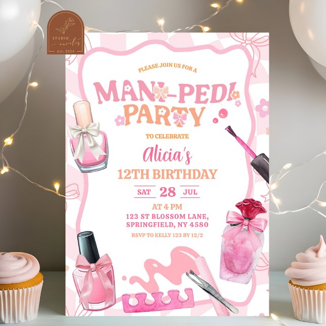 Pink Bow Pastel Retro Mani Pedi Party Birthday Inbjudningar (Skapare uppladdad)