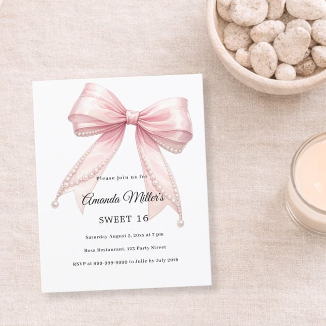 Pink bow pearls elegant Sweet 16 invitation (Skapare uppladdad)
