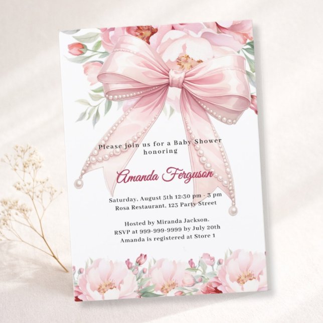 Pink bow pearls florals girl elegant Baby Shower Inbjudningar (Skapare uppladdad)