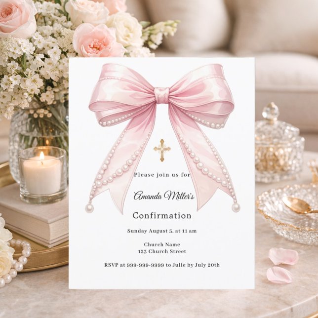 Pink bow pearls girl Confirmation invitation (Skapare uppladdad)