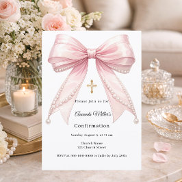 Pink bow pearls girl elegant Confirmation Inbjudningar