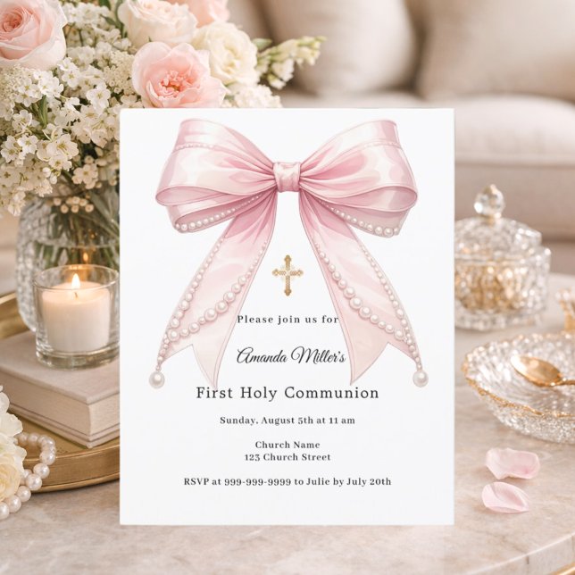 Pink bow pearls girl First Communion invitation (Skapare uppladdad)