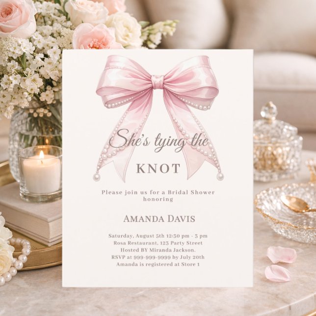 Pink bow pearls knot Bridal Shower invitation (Skapare uppladdad)