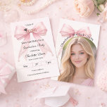 Pink bow pearls photo arch Graduation party Spara Datumet<br><div class="desc">Announce your milestone with this Coquette Graduation Save the Date. The design features a lush blush pink bow embellished with delicate pearl strands and a classic mortarboard icon. Perfect for the stylish senior girl looking to share her portrait with family and friends.</div>
