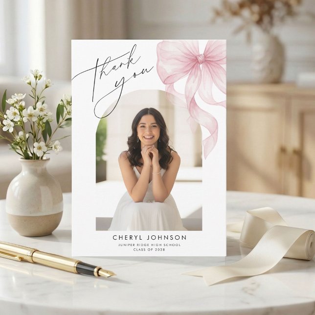 Pink Bow Photo Graduation Thank You Card Tack Kort (Skapare uppladdad)