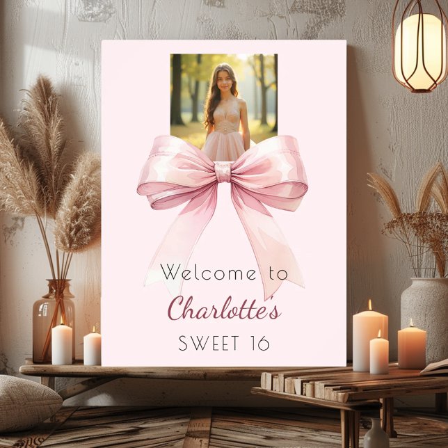 Pink bow photo Sweet 16 party welcome Poster (Skapare uppladdad)