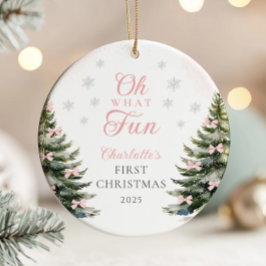 Pink Bow Pine Tree Baby's First Christmas Julgransprydnad Keramik