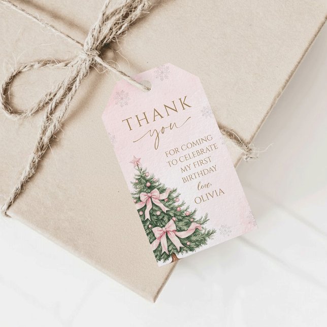 Pink Bow Pine Trees Winter Onederland 1st Birthday Presentetikett (Skapare uppladdad)