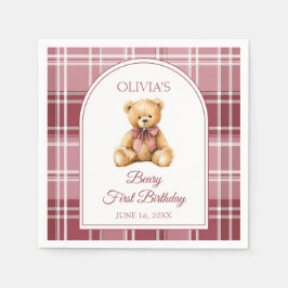 Pink Bow Preppy Teddy Bear 1st Birthday Pappersservett