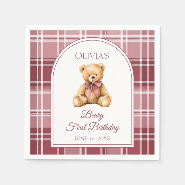 Pink Bow Preppy Teddy Bear 1st Birthday Pappersservett (Framsidan)