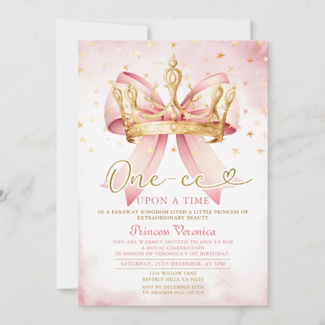 Pink Bow Princess ONE-CE Upon a time 1st birthday Inbjudningar (Framsida)