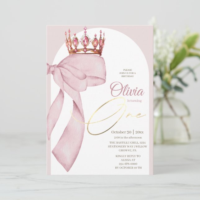 Pink Bow Prinsessa 1-årsdag  Inbjudningar (Stående Fram)