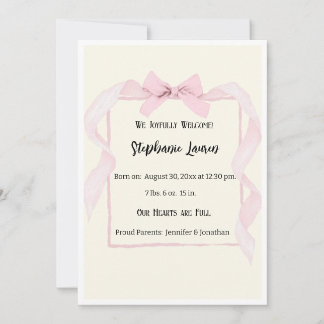 Pink Bow Ribbon Baby Birth Announcement Photo Inbjudningar (Framsida)