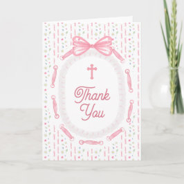 Pink Bow Ribbon Frame Floral Religious Thank You Kort