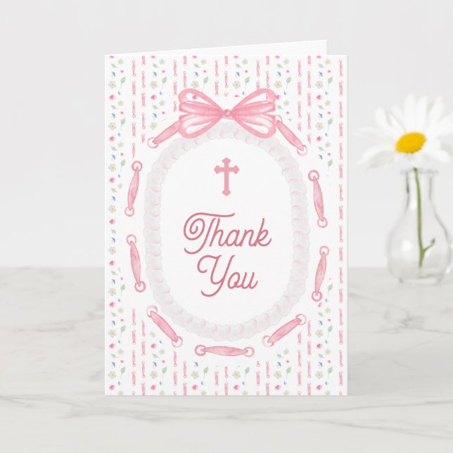 Pink Bow Ribbon Frame Floral Religious Thank You Kort (Liten växt)