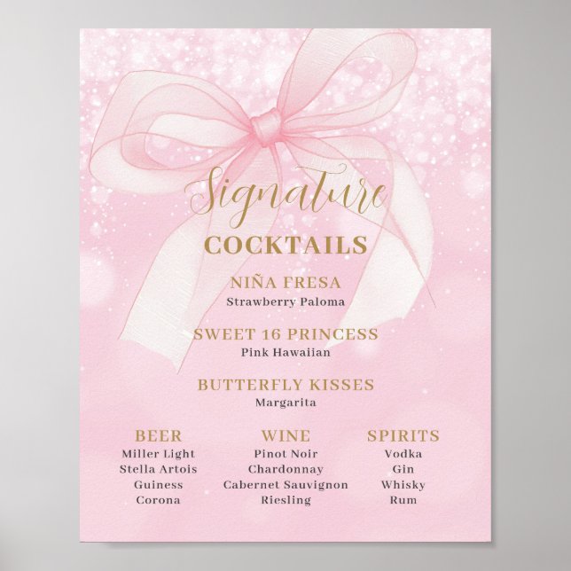 Pink Bow Ribbon Sweet 16 Signature Cocktails Menu Poster (Framsidan)
