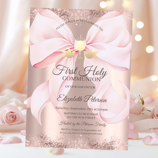Pink Bow Rose Gold First Holy Communion   Inbjudningar (Skapare uppladdad)
