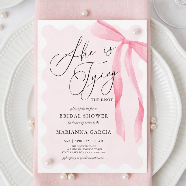 Pink Bow She is Tying the Knot Bridal Shower Inbjudningar (Front of invite shown in 5 x 7 inches, choose size, paper, and corner style.)