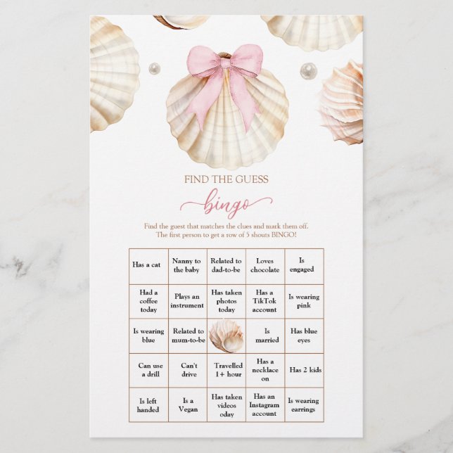 Pink Bow Shell Baby Shower Find The Guest Bingo (Framsida)