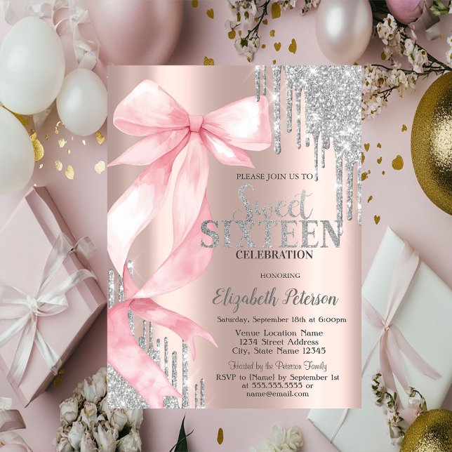 Pink Bow Silver Glitter Drips Rose Gold Sweet 16 Inbjudningar (Skapare uppladdad)