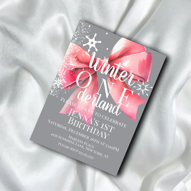 Pink Bow Snowflake Snow Script First Birthday B Inbjudningar (Skapare uppladdad)