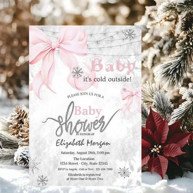  Pink Bow Snowflakes String Lights Baby Shower Inbjudningar (Skapare uppladdad)