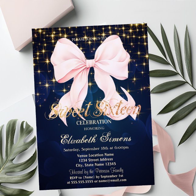 Pink Bow Sparkle Navy Blue Inbjudningar (Skapare uppladdad)