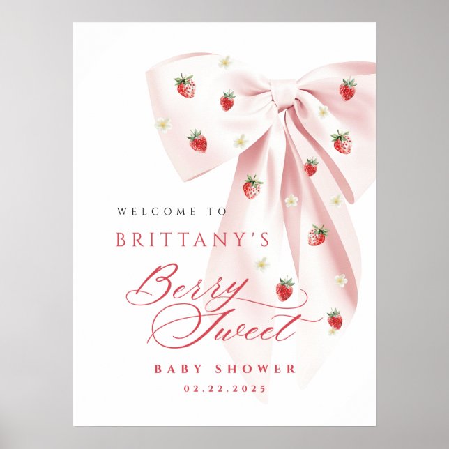 Pink Bow Strawberry Baby Shower Poster (Framsidan)