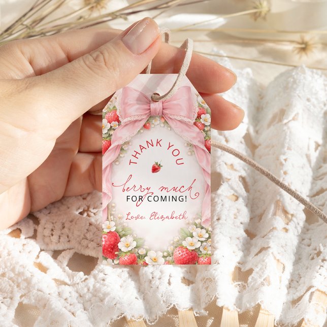 Pink Bow Strawberry Baby Shower Thank you Presentetikett (Skapare uppladdad)