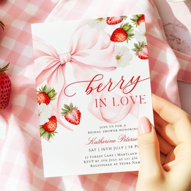 Pink Bow Strawberry Bridal Shower Invitation Inbjudningar (Skapare uppladdad)