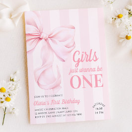 Pink Bow Stripes First Birthday Inbjudningar