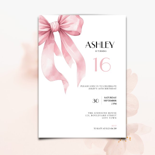 Pink Bow sweet 16th Birthday Invitation for Girls Inbjudningar (Pink Bow coquette ribbon sweet 16th birthday invitation for girls.)