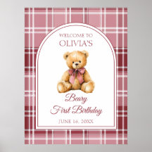 Pink Bow Teddy Bear Birthday Welcome Sign
