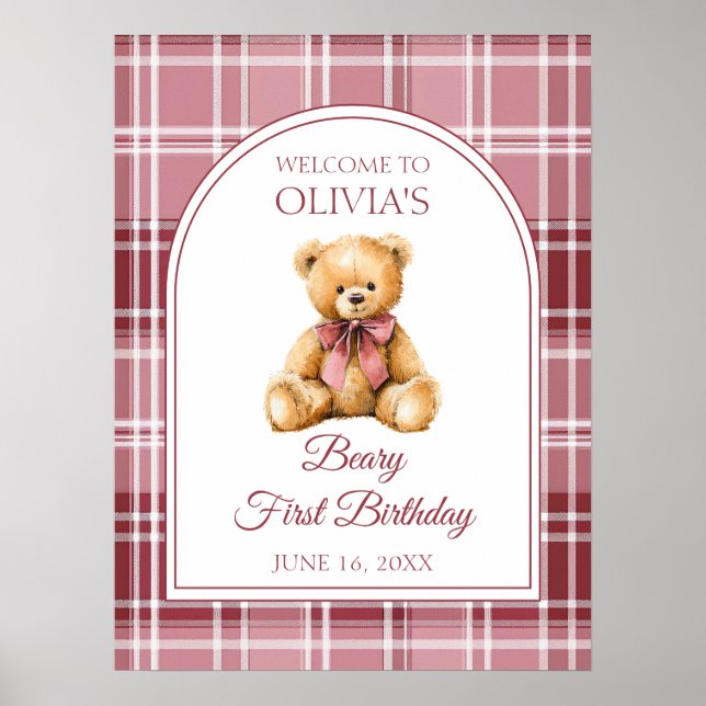 Pink Bow Teddy Bear Birthday Welcome Sign Poster (Framsidan)