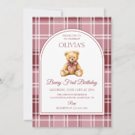 Pink Bow Teddy Bear Tartan Birthday Inbjudningar