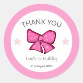 Pink Bow Thank You Girl Kids 1st Birthday  Runt Klistermärke
